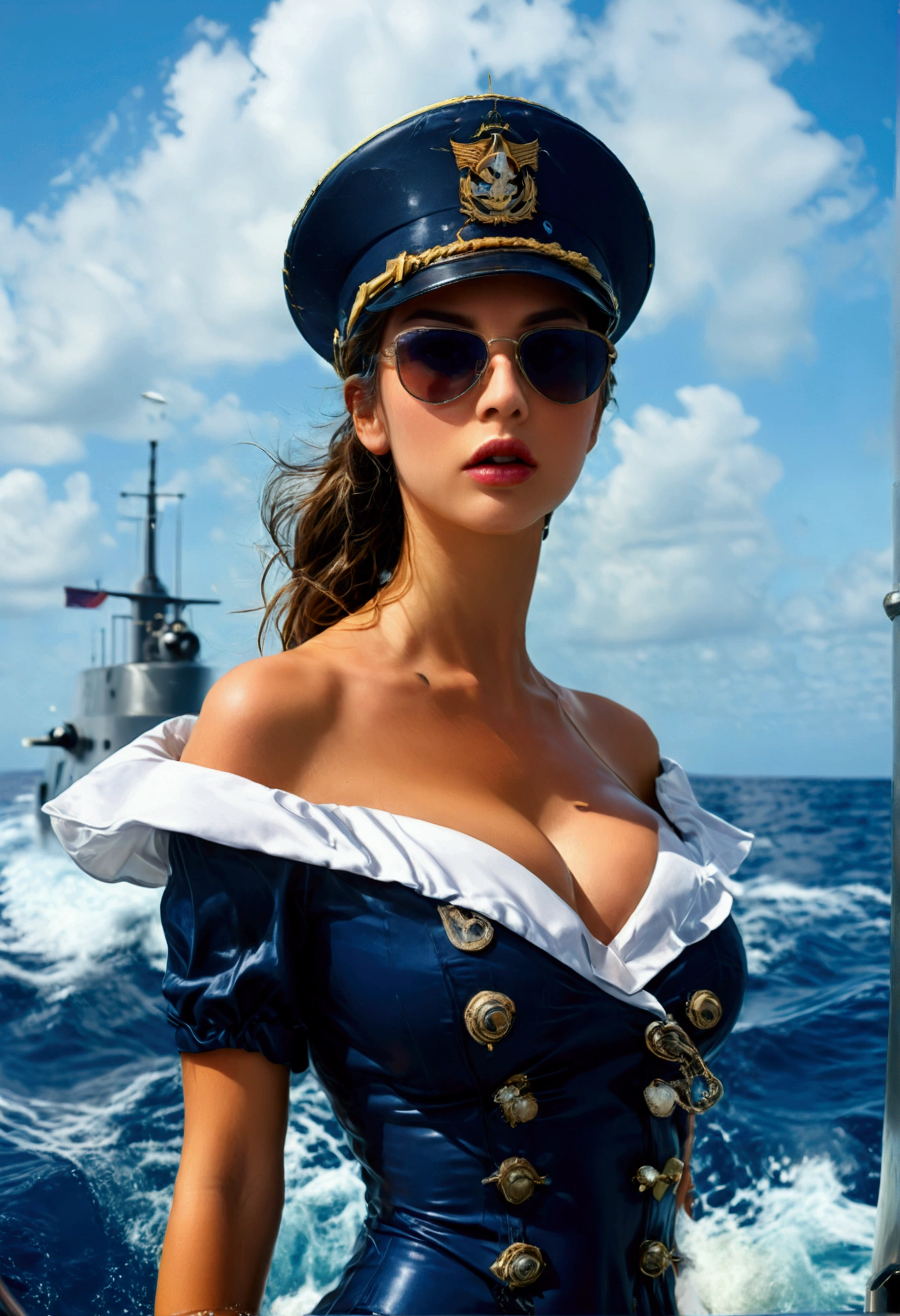 A stern woman (age 25, sexy navy costume, captain's hat, sunglasses), standing on the prow of a submarine speeding at the surface of ocean, dramatic pose