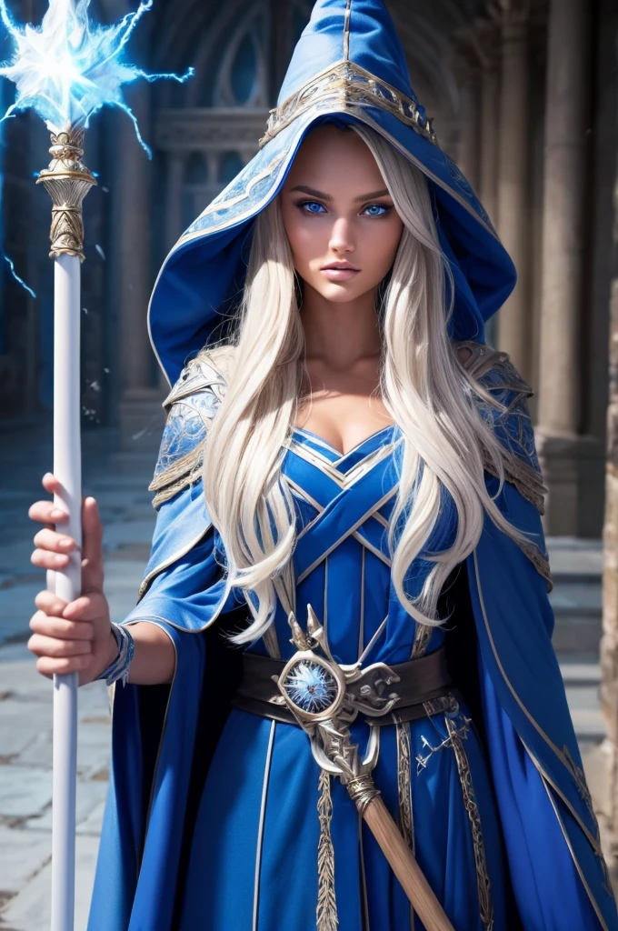 16 year old Romee Strijd dark elf mage, ((ultra-detailed face)), ultra detailed blue eyes, long platinum blonde wavy messy hair, (wizard hat, wizard robes, staff, lightning), (((masterpiece)))