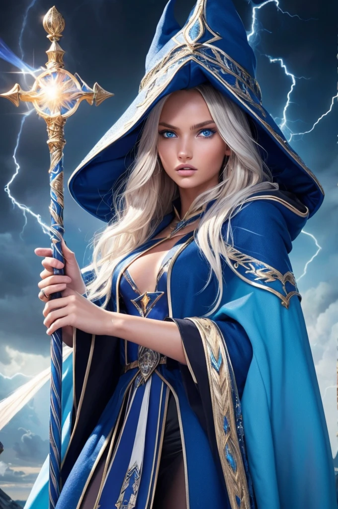16 year old Romee Strijd dark elf mage, ultra-detailed face, ultra detailed blue eyes, long platinum blonde wavy messy hair, (wizard hat, wizard robes, cloak, staff, lightning), (((masterpiece)))