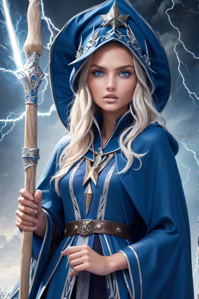 16 year old Romee Strijd dark elf mage, ultra-detailed face, ultra detailed blue eyes, long platinum blonde wavy messy hair, (wizard hat, wizard robes, cloak, staff, lightning), (((masterpiece)))