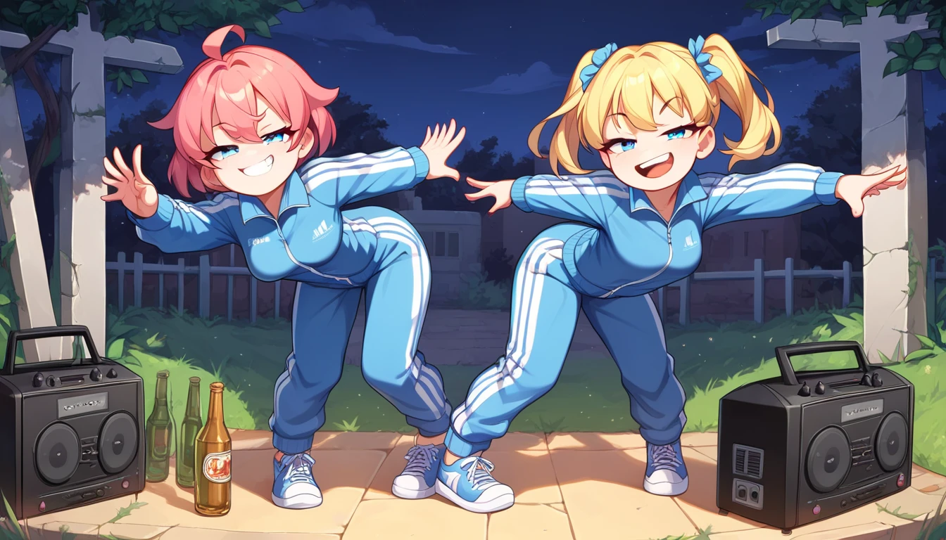 ((2girls:1.3)), ((tracksuit:1.3)), ((boombox:1.3)), ((break dancing:1.3)), ((hell:1.3)), ((full body:1.3)), ((smug face:1.3)), ((beer bottle:1.3)), ((drinking:1.3)), ((moe style:1.3)), ((perfect face)), ((extremely cute:1.3)), ((masterpiece:1.3)), ((8k)), ((best quality:1.3)), ((beautiful)), ((extremely detailed:1.3)) , ((absurdres)), AddXL, ((score_9:1.3)), ((score_8_up:1.3)), ((score_7_up:1.3)), Expressiveh