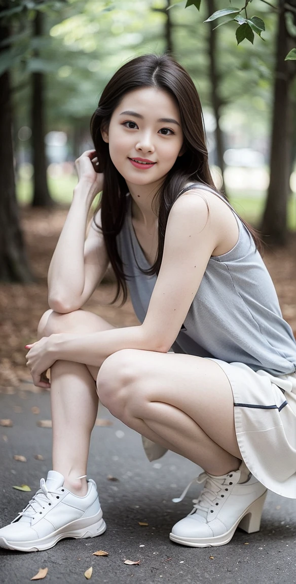 masterpiece, best quality, Surreal, Ultra Detailed, 8k resolution, RAW photos, Clear focus, (A girl in the forest), ((light gray shirt)), sleeveless, sports Shorts,, Solitary, Perfect body, Perfect body, Playful and flirty pose，Half-length photo,((The calves are straight and thin，Wear high-end brand colored sneakers，))，Bangs to eyebrows、Beautiful brown hair、Beautiful and delicate eyes、Brown eyes、Raise an eyebrow、Bangs to eyebrows、Beautiful brown hair、Beautiful and delicate eyes、Brown eyes、Raise an eyebrow、High Nose、Small nostril、Little mouth、Tempting lips、Mouth slightly open、Beautiful breasts、Full body、Oval face,Phoenix Eyes，Eyebrow， Double eyelids, Long eyelashes, A faint smile, ，She has a pair of eyes as clear as water，Eyebrows are like distant mountains，Creamy skin，Lips like cherry blossoms。Her beauty is not only in appearance，It&#39;s more about her fragile yet tenacious temperament，Like a hibiscus flower swaying in the wind，It's pitiful， A faint smile, 
 32 inches in the chest,(a charming smile:1), (sexy pose)，26 years old, light,White shoes，