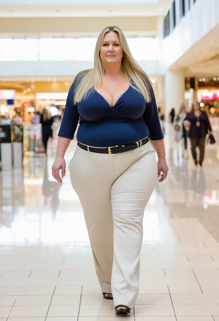 Fat woman, 40 years old white Caucasian woman walking in the mall, long straight blonde hair, cleavage, fancy dressed, big hips, thick thighs, shirt and pants, no bra underneath