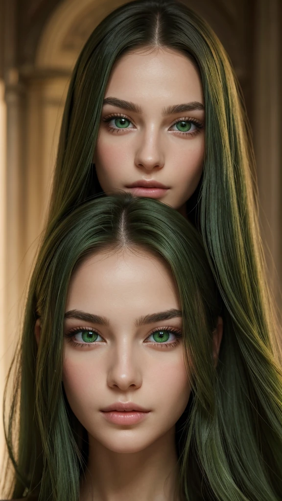 Portrait of a European woman with highly detailed facial features, captivating eyes, an oval face, and long sleek hair framing her face. Her hair is entirely green, and she has a flawless complexion, with a very charming wistful charm, complemented by her very fair skin