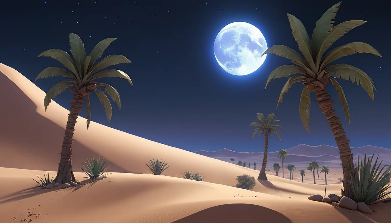 A breathtaking 3D anime-inspired scene of a desert. In the desert, night falls, It was dark and there was no other light except for the blue light of the moon shining everywhere in the desert. In the distance of the desert there are some coconut trees and some tropical desert trees and plants.