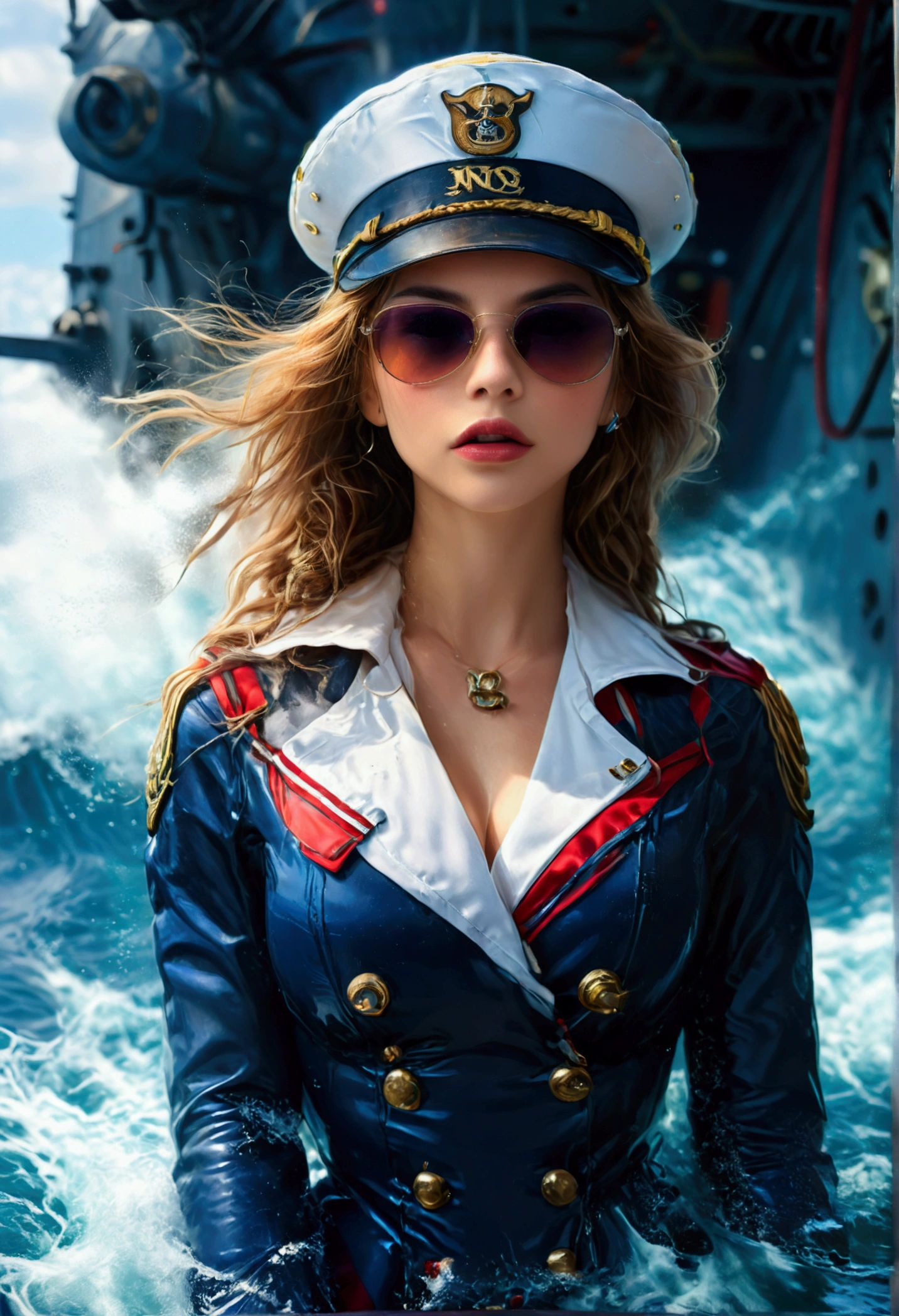 a stern woman, 25 year old woman, sexy navy costume, captain's hat, sunglasses, standing on the prow of a submarine, submarine speeding on the surface of the ocean, dramatic pose, best quality, 8k, highres, masterpiece, ultra-detailed, realistic, photorealistic, photo-realistic, HDR, UHD, studio lighting, ultra-fine painting, sharp focus, physically-based rendering, extreme detail description, professional, vivid colors, bokeh, concept art