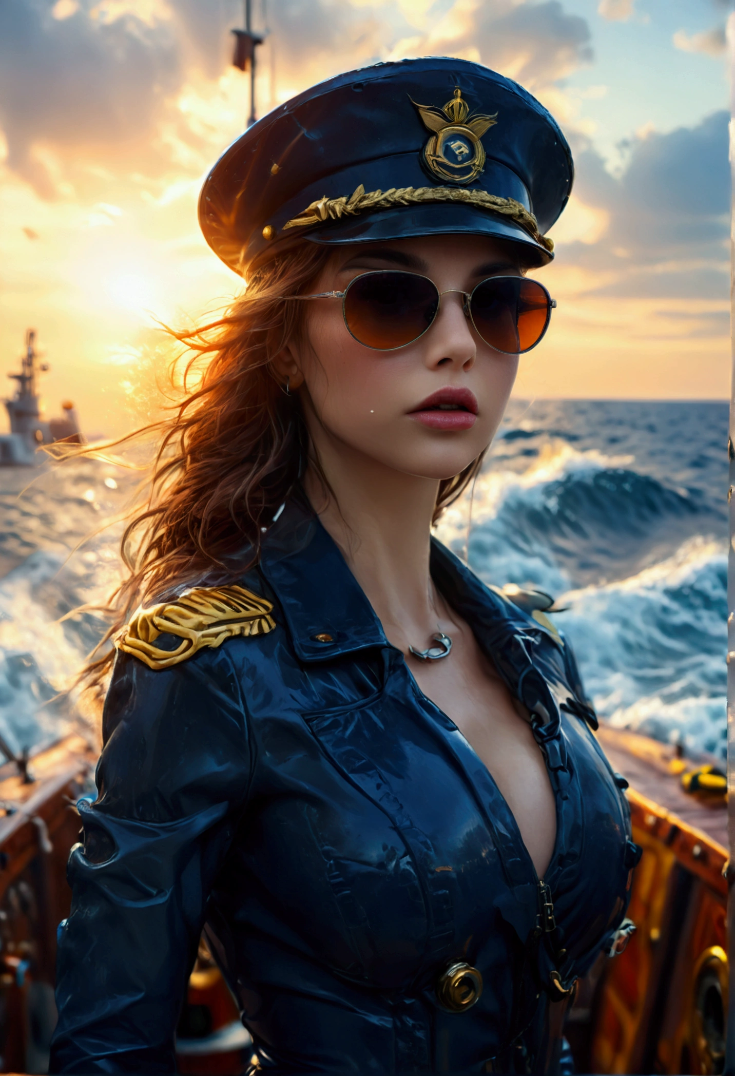a stern woman, 25 year old woman, sexy navy costume, captain's hat, sunglasses, standing on the prow of a submarine, submarine speeding on the surface of the ocean, dramatic pose, best quality, 8k, highres, masterpiece, ultra-detailed, realistic, photorealistic, photo-realistic, HDR, UHD, studio lighting, ultra-fine painting, sharp focus, physically-based rendering, extreme detail description, professional, vivid colors, bokeh, concept art