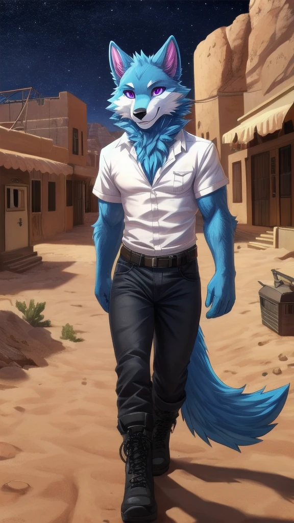 create a image of a furry wolf male with dark blue fur purple eyes pink inner ears black nose blue crystal in his chest black shirt wearing black jeans and black military boots he is smiling with his toung out anime furry fandom digital artstyle full body he is in a small desert ghost town its night
