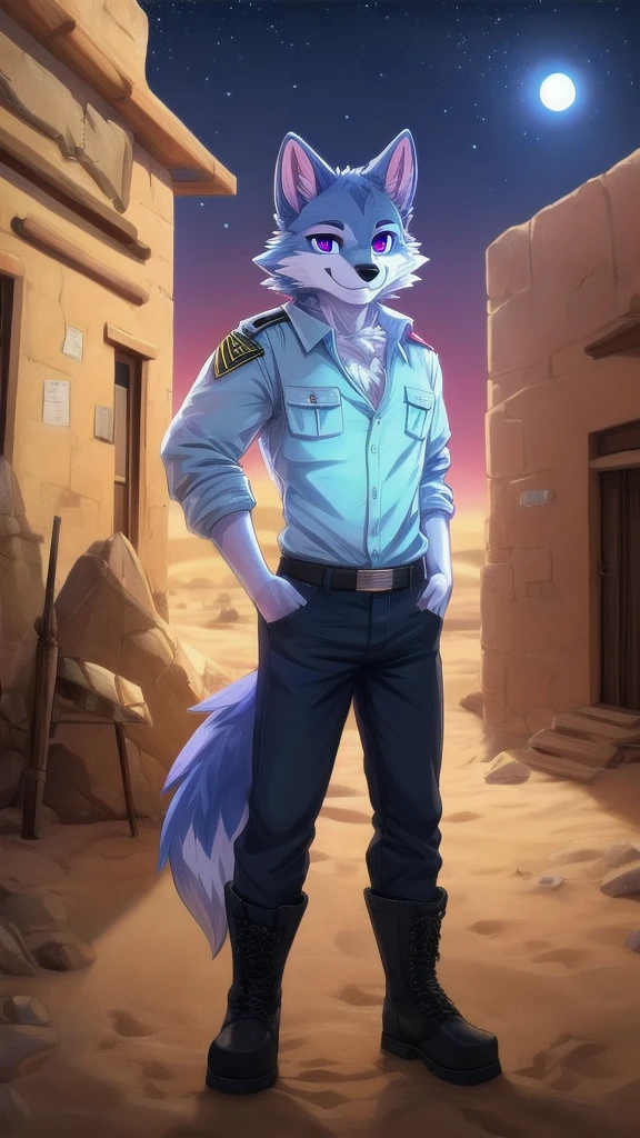 create a image of a furry wolf male with dark blue fur purple  eyes pink inner ears black nose blue crystal in his chest black shirt wearing black jeans and black military boots he is smiling with his toung out anime furry fandom digital artstyle full body he is in a small desert ghost town its night