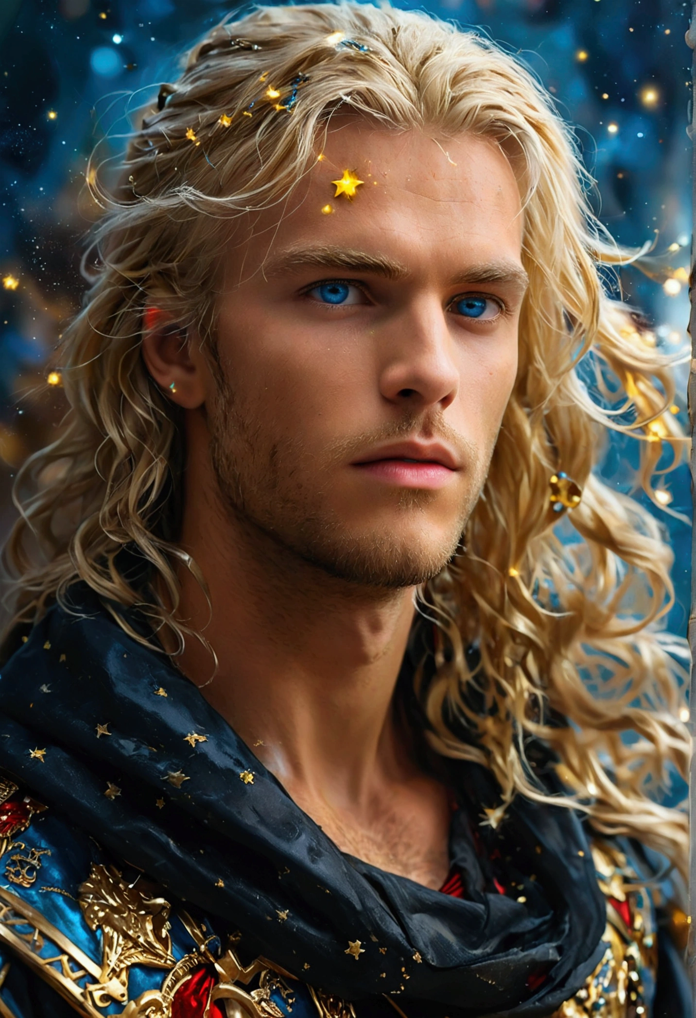 (masculine) (man) (blond hair) (blond hair muy largo que llega hasta los talones) (blue eyes) (blue eyes brillantes) (man androide) Her hair is long and blonde, has blue eyes, He wears a black tunic with some red and yellow details.) (black tunic and some gold details) (surrounded by stars)