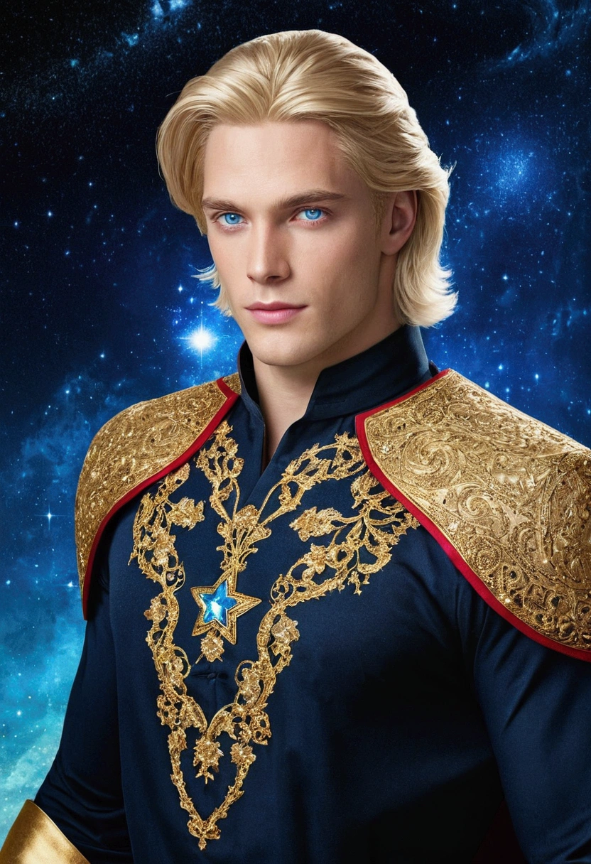 (masculine) (man) (blond hair) (blond hair muy largo que llega hasta los talones) (blue eyes) (blue eyes brillantes) (man androide) Her hair is long and blonde, has blue eyes, He wears a black tunic with some red and yellow details.) (black tunic and some gold details) (surrounded by stars)