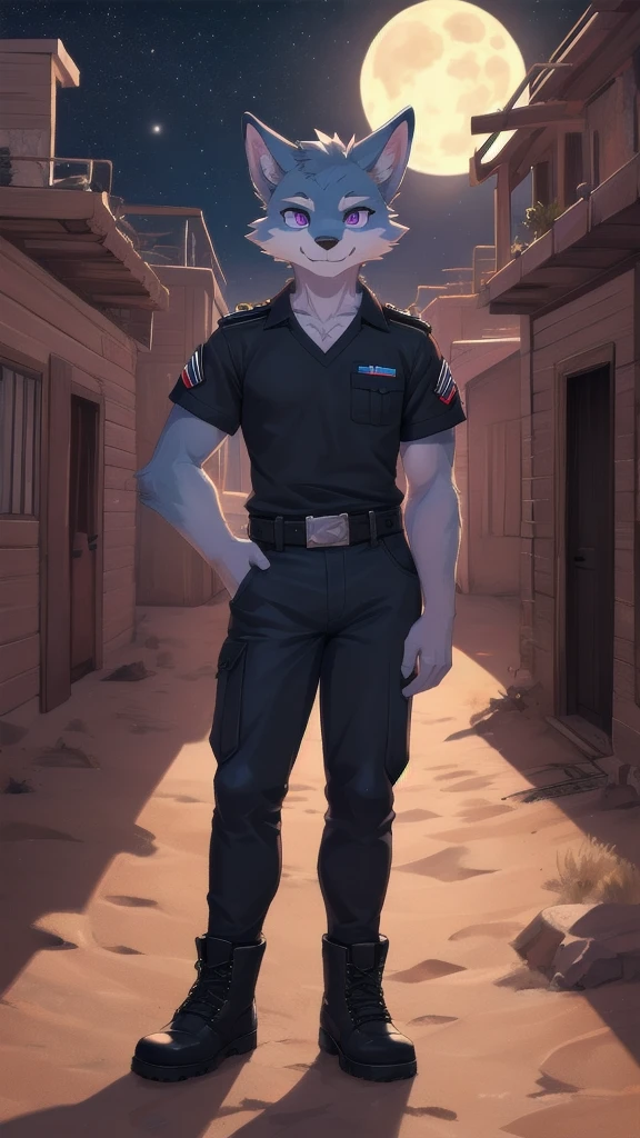 create a image of a furry wolf male with dark blue fur purple eyes pink inner ears black nose blue crystal in his chest black shirt wearing black jeans and black military boots he is smiling with his toung out anime furry fandom digital artstyle full body he is in a small desert ghost town its night