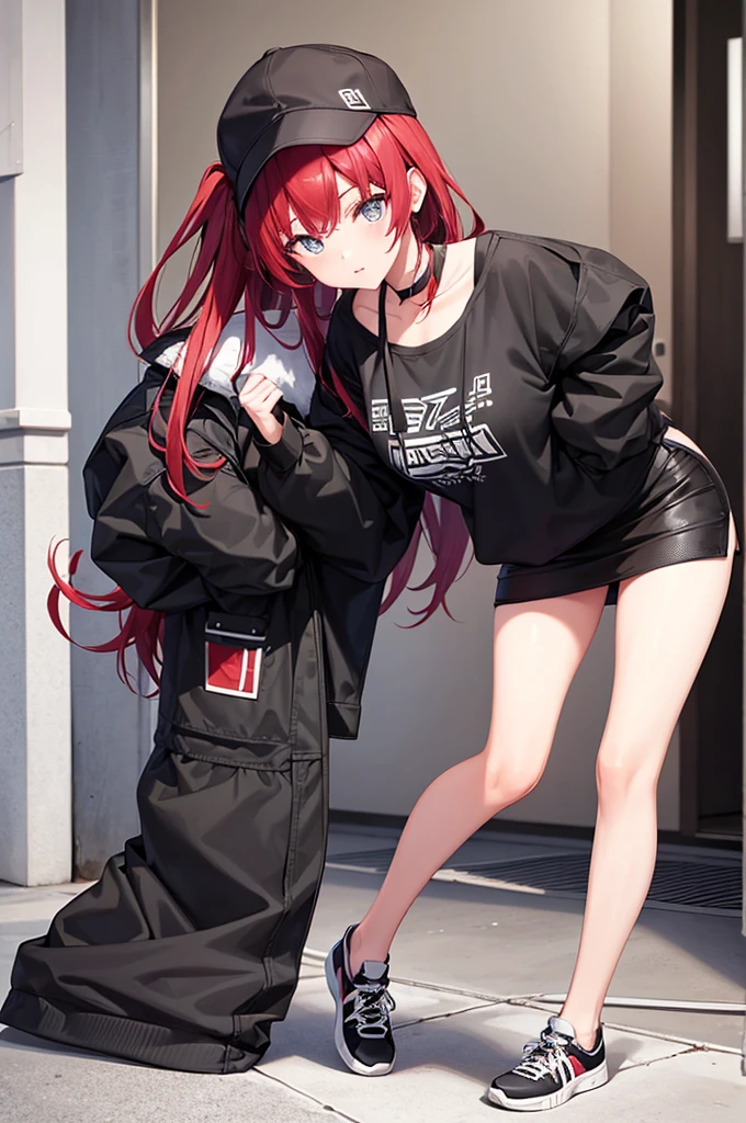 best quality, 1girl, cool, two tone colors,black on the outside of the hair red hair inside, standing , fullbody , toe