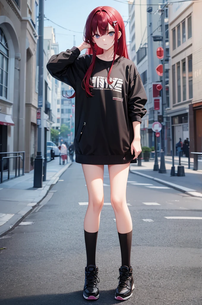 best quality, 1girl, cool, two tone colors,black on the outside of the hair red hair inside, standing , fullbody , toe