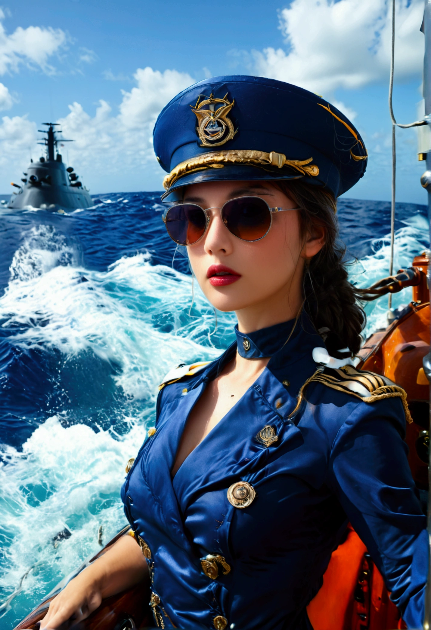 A stern woman (age 25, sexy navy costume, captain's hat, sunglasses), standing on the prow of a submarine speeding at the surface of ocean, dramatic pose
