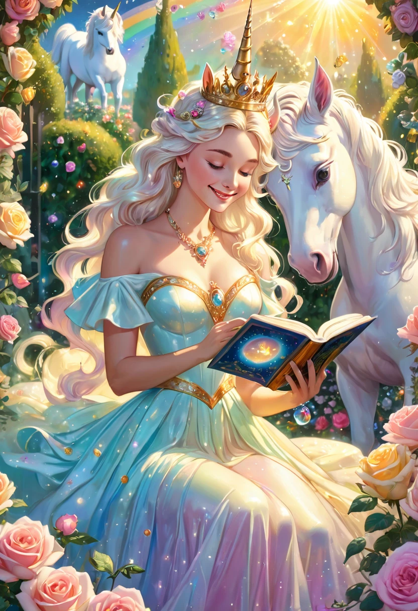 close-up, A beautiful goddess is reading the Golden Book to a white unicorn, smiling, surrounded by crowns and jewels, in a pastel colored dress, in a garden of pastel colored roses, smiling, joyful, rainbow light, integration of the moon and the sun
