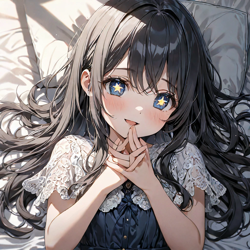 masterpiece, ultra detailed, 8K, (Cute a girl:1.5),
(masterpiece:1.3), anime visual,black-colored middle part long hair,dark blue eyes, (Lovey-dovey:1.5), (tilt head:1.3), extremely delicate face, soft clean focus, realistic lighting and shading, (an extremely delicate and beautiful art:1.3), elegant, (muted colors:1.1),(star-shaped pupils:1.5)The girl places her hands in front of her chest, smiles with her mouth open,