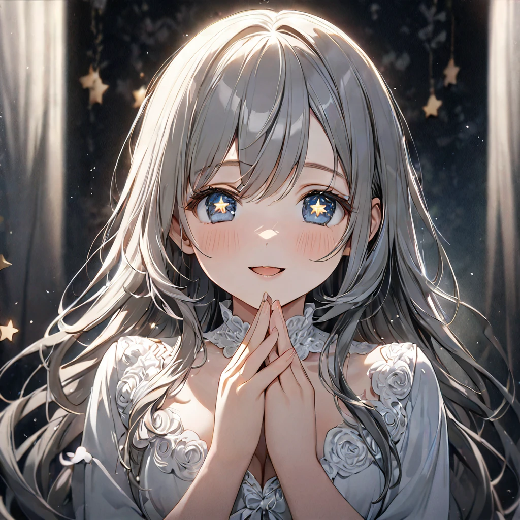 masterpiece, ultra detailed, 8K, (Cute a girl:1.5),
(masterpiece:1.3), anime visual,black-colored middle part long hair,dark blue eyes, (Lovey-dovey:1.5), (tilt head:1.3), extremely delicate face, soft clean focus, realistic lighting and shading, (an extremely delicate and beautiful art:1.3), elegant, (muted colors:1.1),(star-shaped pupils:1.5)The girl places her hands in front of her chest, smiles with her mouth open,