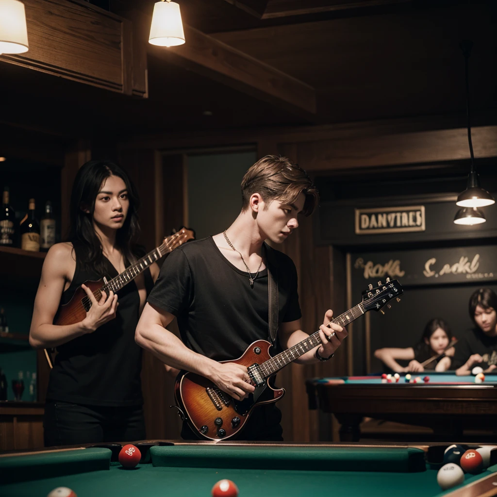 (The best quality)people playing pool with rock guitars in a bar with dark color palette
