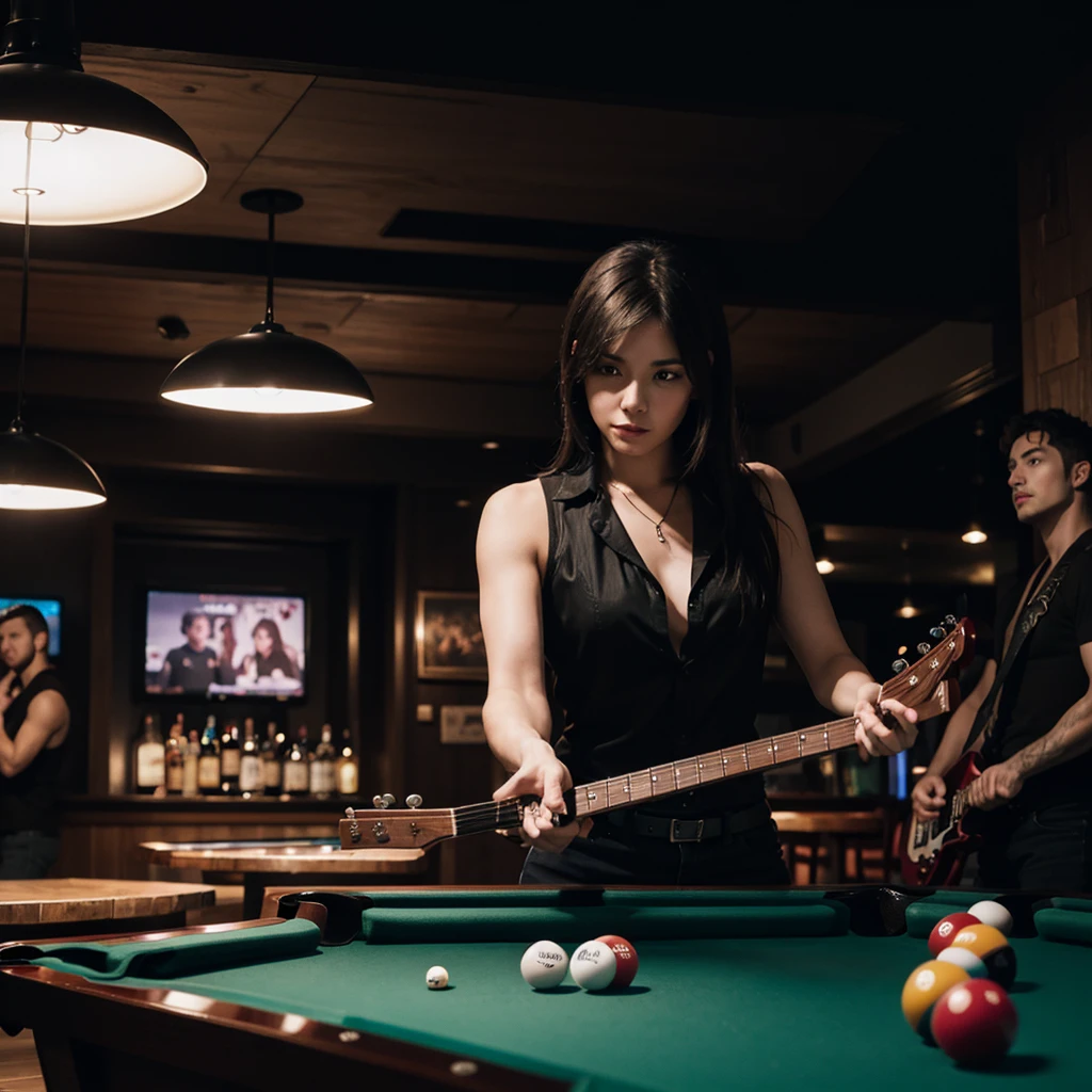 (The best quality)people playing pool with rock guitars in a bar with dark color palette