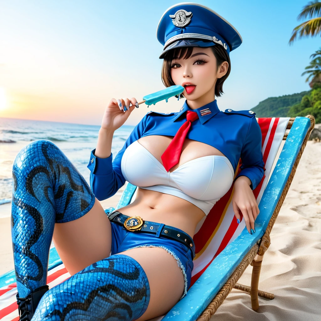 (High quality, masterpieces), One Japanese girl with her eyes closed, Sitting on a beach chair, Eating a melting popsicle held with her right hand, Stick out her tongue, Black short hair, Brown eyes, Beautiful face, Midnight-blue military cap, Midnight-blue leather short military-style bolero with long sleeves, A white crop top with a red narrow tie, Big breasts, bare in her abdomen, Exposing skin around navel, Low waist short pants made of midnight-blue leather with a belt, Python skin pattern stockings covering whole legs, Short boots made of midnight-blue enamel, At deserted Island Beach, Sunset in a summer day