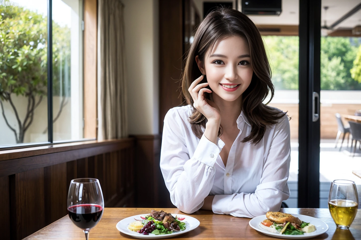 ((Highest quality、8K、masterpiece:1.3))、cute、slimカップル、modelカップル、actress男優、(Realistic, Intricate details:1.2), full-course dinner、Wine Party、Amazing view of the sunset sky and clouds、A bright smile、short hair,Bright Face、 (Age 37), 42 years old, red wine 、Appetizers、Italian food、Wine bottle、Champagne、sparkling wine、Two beauties、Brown Hair、Shortcuts、Long sleeve shirt、dress、Beautiful woman 1, (slimな顔), (The body is slim), (Brown Hair), (Shortcuts), cheeks turn a little red,Attractive beauty、restaurant, In a prominent place (From the waist up) Nova Frog Style, actress, model, Upper Body, White wine, slim, wine glass, 中央に置かれたwine glass, smile, (smile: 1.15), Beautiful fine grain, Depth f/2,saturation, High Contrast, Strong light and shadow,Moist Body:1.5、3D texture、Delicate eyes、Brown Hair、The hair is very shiny、