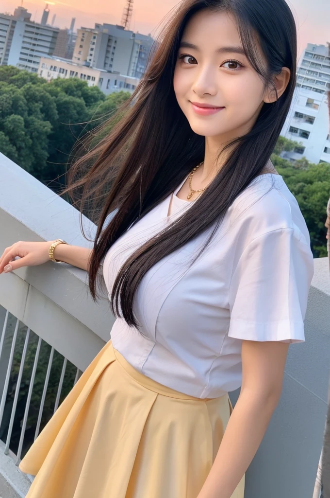Rooftop of university building, 4th year university student, ((full body)), ((photo)), ((best qualtiy, 8K, tmasterpiece:1.3)), Focus:1.2, perfect figure beautiful girl:1.4, 1girl, cowboy shot, look at viewer, eyes facing the camera, incredibly absurd, beautiful and cute girl with a photorealistic face, showcasing top-quality craftsmanship, A Japanese girl watching the sunset on the roof of a university building, 19 years old, long, straight, silky black hair, fair skin, big eyes, thin eyebrows, double eyelids, long eyelashes, pink lips, smile, devilish smile, gorgeous features, well-defined facial features, beautiful face line, mysterious beauty, slender, tall, well-balanced proportions, large E-cup breasts, white shirt, tight black skirt, beige pumps, gold necklace and bracelet, small earrings, elegant ring, pretty girl, beauty, devilish type, pretty older sister, passionate about art, sociable, friendly, positive, has leadership skills, is proactive, is flexible, gets things done efficiently, works hard towards dreams and goals, March