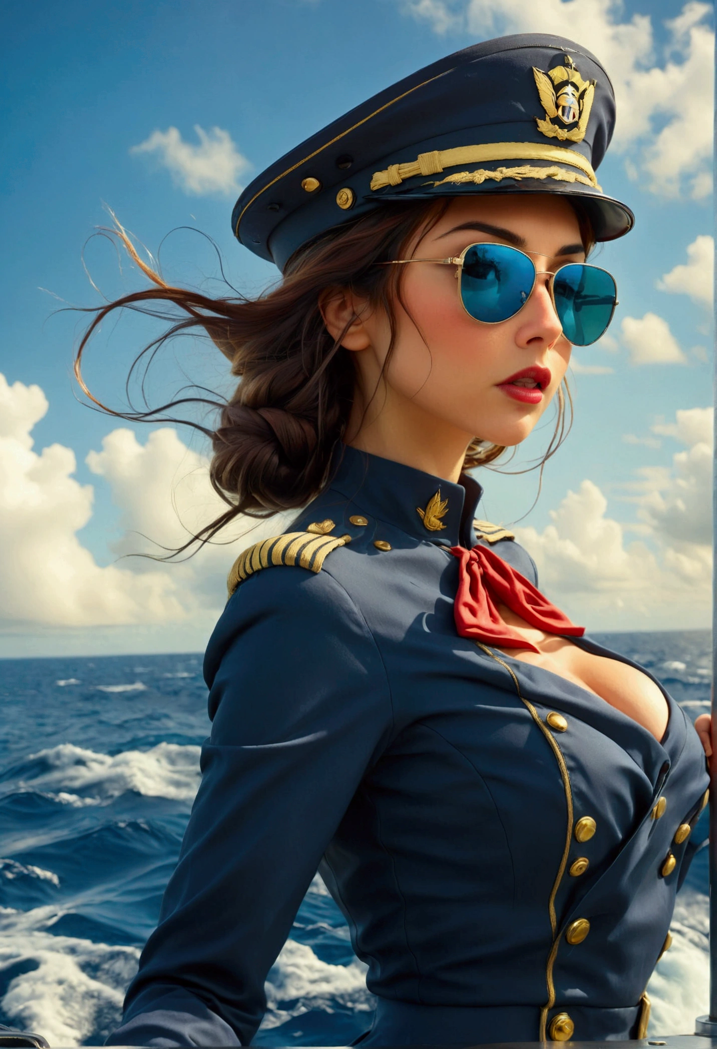 A stern woman (age 25, sexy navy costume, captain's hat, sunglasses), standing on the prow of a submarine speeding at the surface of ocean, dramatic pose