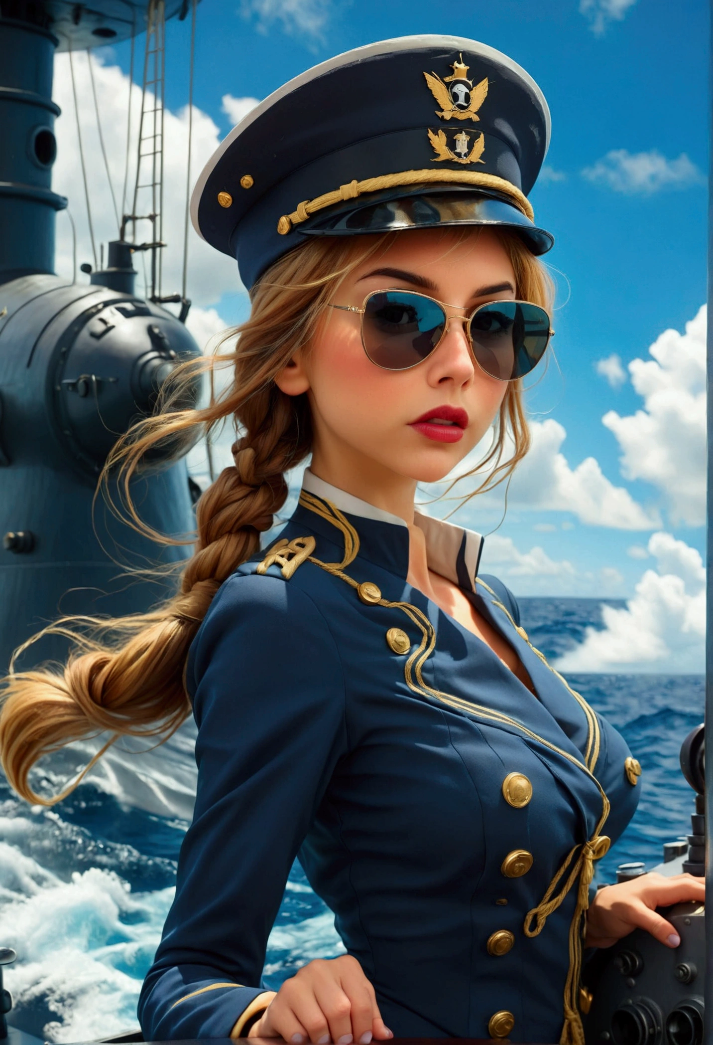 A stern woman (age 25, sexy navy costume, captain's hat, sunglasses), standing on the prow of a submarine speeding at the surface of ocean, dramatic pose