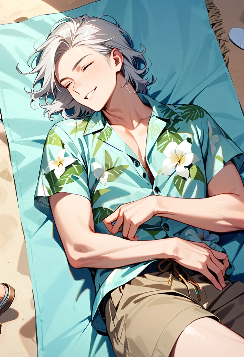 A man, 19-years-old, solo, Caucasian, mature face, short tousled white hair, eyes closed, blissful facial expression, light pale green Hawaiian shirt, short sleeves, khaki shorts, beach, lying on a towel