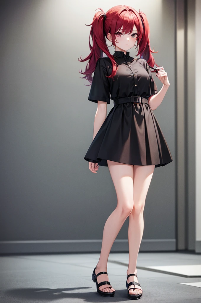 best quality, 1girl, cool, two tone colors,black on the outside of the hair red hair inside, standing , fullbody , toe