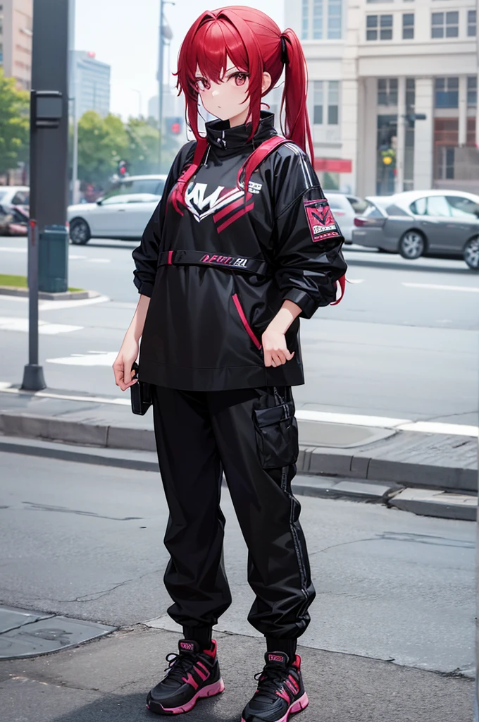 best quality, 1girl, cool, two tone colors,black on the outside of the hair red hair inside, standing , fullbody , toe