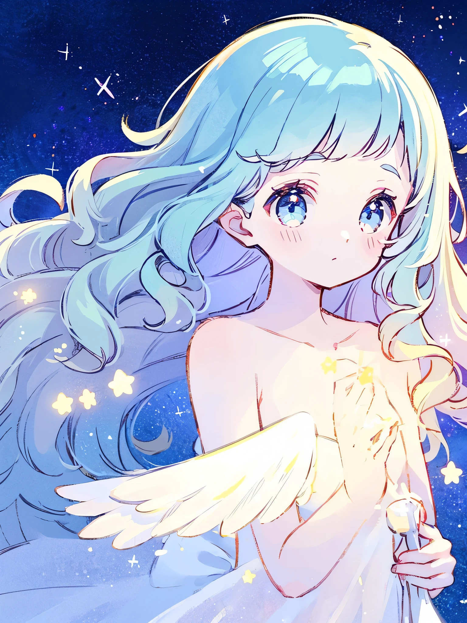 nude angel girl wearing an ethereal translucent dress, pale skin, ((blue mint wavy hair)), white feathers, angel wings, sparkling detailed eyes, golden ratio face, perfect composition, highly detailed, ethereal, (starry night sky background), midjourney style