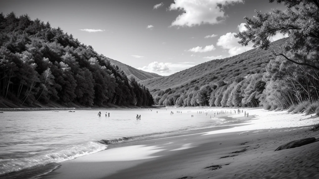 Nature beach with vegetation in black and white