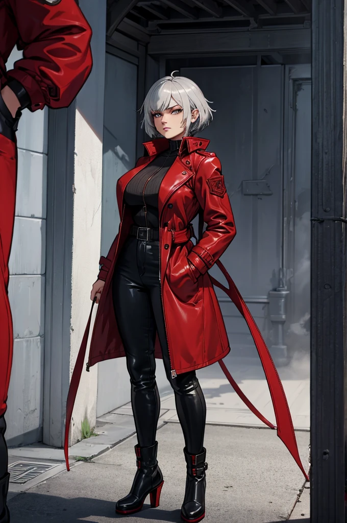 A demon hunter with short silver hair wears a long red leather trench coat with intricate details. She wears nothing under the red jacket, revealing her large, firm breasts. her jacket matches tight black pants and tall boots.