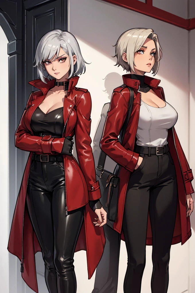 A demon hunter with short silver hair wears a long red leather trench coat with intricate details. She wears nothing under the red jacket, revealing her large, firm breasts. her jacket matches tight black pants and tall boots.