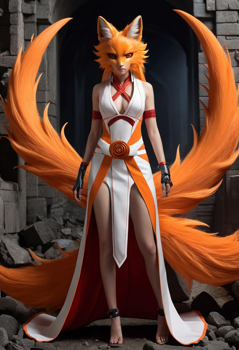 REALISTIC VISION 1.4, BETTER VAE,sharp focus, ultra detail, 32 thousand.,realistic photo, complex parts, (narrow:1.4) , blond hair, (blond hair), orange eyes, complex parts ,woman, Nine tails, complex parts,complex parts,big , voluptuous body, complex parts, (Miko:1.4) , clothes long white dress with red details complex parts, tattoos complex parts, (whole body:1.4) , (with a orange Nine tails fox :1.4) , evil (Kurama, naruto), angry face, walk on the ground, back, orange aura, (Ideal Anatomy :1.4),(Cyberpunk destroyed dungeon ruins background :1.4 ), (Ideal Anatomy V2.1), (detailed face :1.4), (Cinematic lighting :1.4), (Beautiful eyes :1.4),