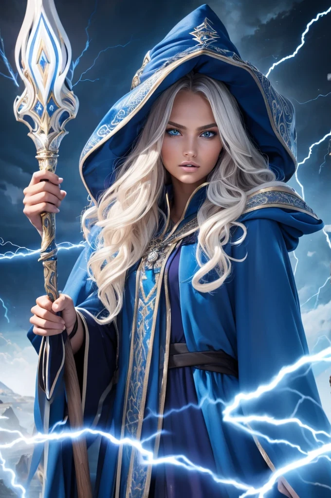 16 year old Romee Strijd dark elf mage, ultra-detailed face, ultra detailed blue eyes, long platinum blonde wavy messy hair, (wizard hat, wizard robes, cloak, staff, lightning), (((masterpiece)))