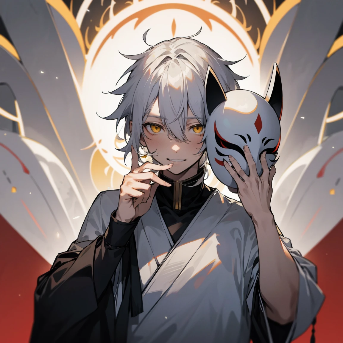 1male, disheveled hair, white hair, yellow eyes, white yukata, gray hair, crazy smile expression, holding a mask