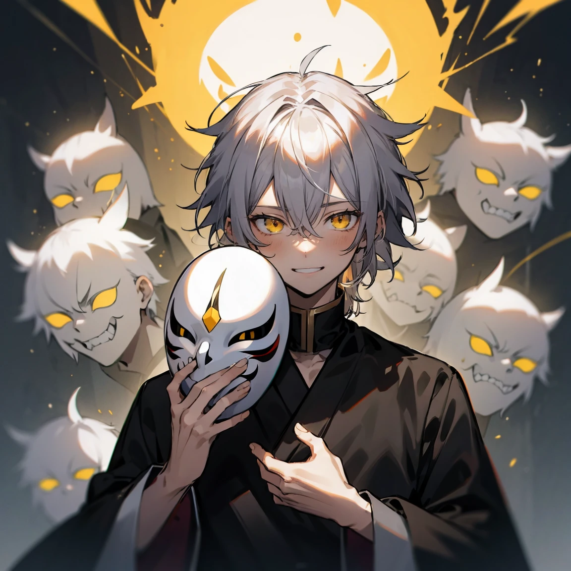 1male, disheveled hair, white hair, yellow eyes, white yukata, gray hair, crazy smile expression, holding a mask