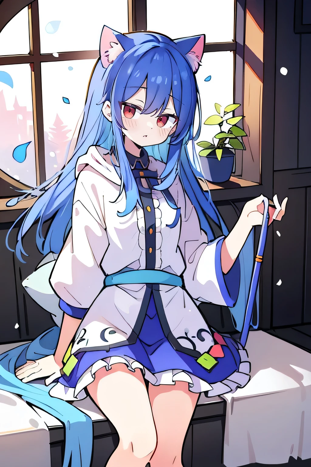 （masterpiece：1.2），Super detailed，lifelike，Expressive eyes，fair skin，perfect face shape，1 girl，
Japanese comics,Gorgeous blue hair,flowing blue hair,flowing clothes,Cat ears,Petals fall,beautiful lola,Baby Angel,
Shaking head with one hand，Cross your legs，Gentle and peaceful background，The pavilion is cool and comfortable,smile, wearing hoodie, In front of the window,snowing，Clear sky，Witch costume。