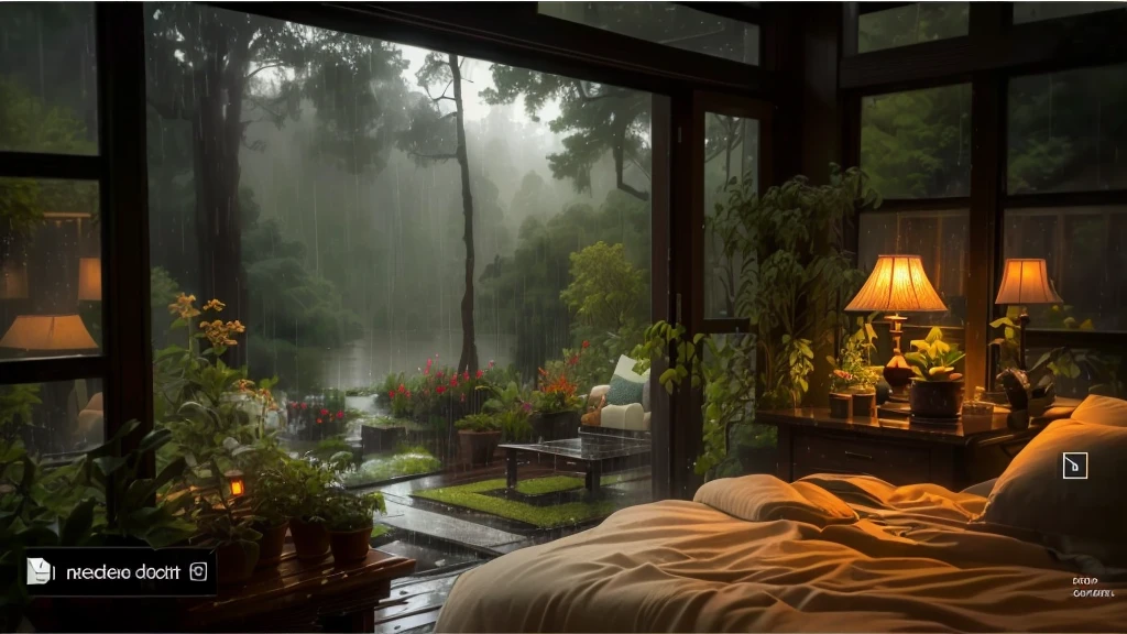 The image shows a cozy bedroom with a large window offering a view of a forest being drenched by rain. The bed is unmade with rumpled bedding, indicating recent use. Beside the bed, there is a small table with a classic lamp that is lit, casting warm light into the room. Outside the window, lush green plants can be seen in what appears to be a patio or balcony area, with rain visibly falling, creating a tranquil and peaceful atmosphere. The contrast between the indoor warmth and the outdoor rain creates an inviting and calming ambiance.