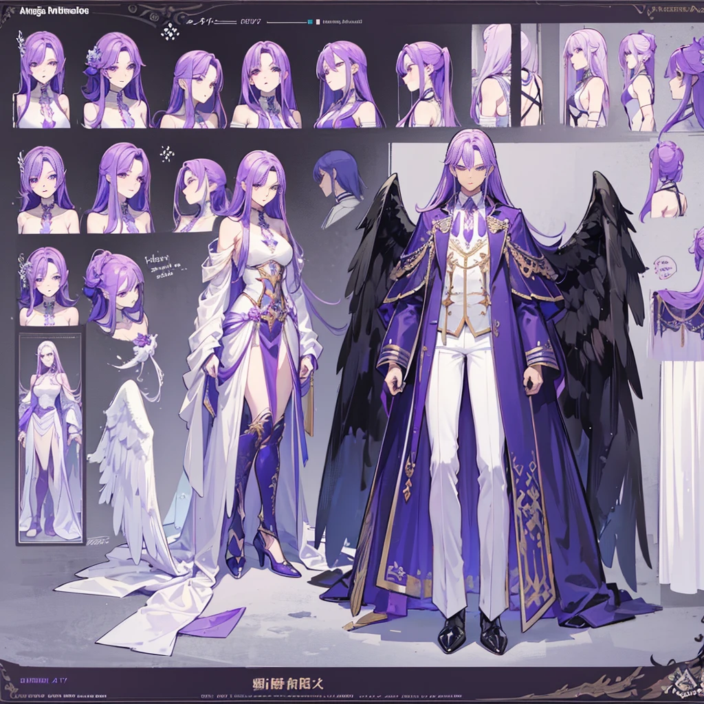 (Masterpiece, best quality), detailed, 1 man, ((character concept art)), ((character design sheet, same character, front, side, back)), full body, body complete, 1 Male angel, 1 Man angel, Detailed face, character design sheet,full bodyesbian, Highly detailed, character sheet, character design, Many parts, dark skin, angel wings, long purple hair, angel outfit, muscle male god, male clothes, masculine, muscle man, male muscle, manly, male angel, Muscle male with long purple hair,beautiful man, beautiful muscle man