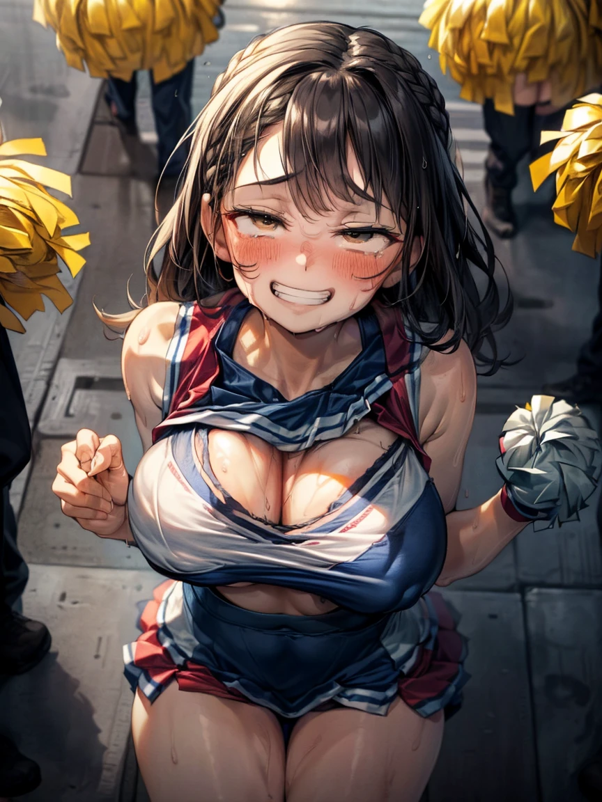 (Very tiny girl rides guy perfectly:1.5)、(Petite girl riding:1.3)、((Big Breasts:2))、(eyes half closed:1.9)、(Grin:1.6)、(tears:1.2)、(The body shakes violently)、8K resolution、 ((Highest quality))、Anatomically correct、(Cheerleader:1.9)、((Hasselblad Photos))、[:(Detailed face:1.2):0.2]、(heavy rain:1.5)、(Sweaty:1.6)、((Top view:1.9))、(braid one's hair:1.5)、(Loss of strength from the body:1.3)、(呻吟)、(Jump:1.6)、(Surrounded by a lot of middle-aged men:1.6)、(Leaning forward:1.6)、(rape:1.3)、(shame:1.3)、(Groping the chest:1.6)、(Humiliation:1.3)