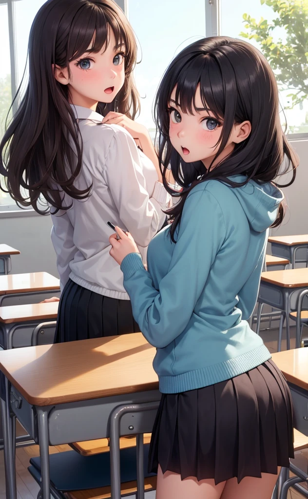 (((skinny age girl))), classroom, perfect face, (surprised:0.3), (scared:0.3), skirt, beautiful wild hair, looking back
