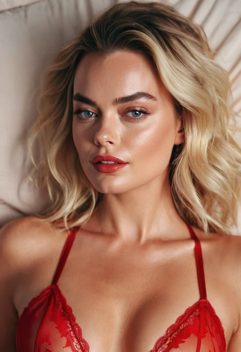 portrait photo of (Margot Robbie) in a red sheer lingerie, (long hair), posing for a picture, ziprealism, for cosmopolitan,  realistic skin texture, softcore, warm lighting, simple background, magazine cover style, (horny,moaning, screaming in pain,orgasm, tired after sex:1.5), epic character composition, by ilya kuvshinov, alessio albi, nina masic,