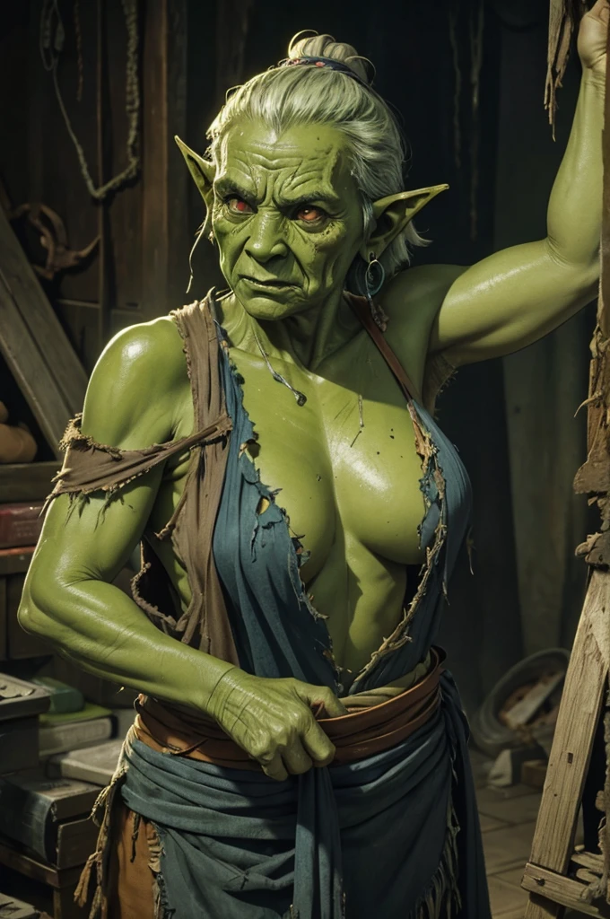 orc green skin old woman with torn clothes, RPG, dvd screenshot, 1980s cinema, dark fantasy, realistic, detailed, body horror, horror cosmic
