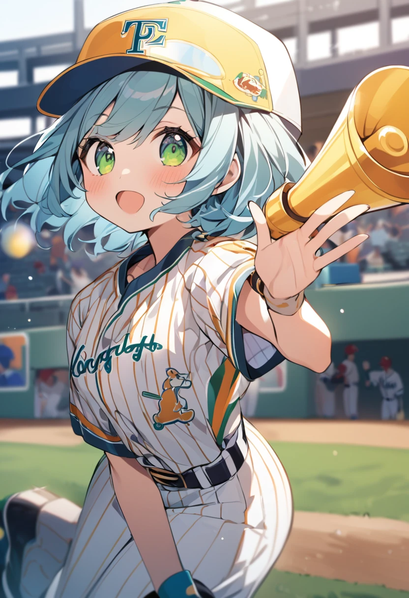 Light blue hair、Short Bob、Deep green eyes、Small breasts、Baseball uniforms and hats、Waving a megaphone to cheer、side shot , 1 girl