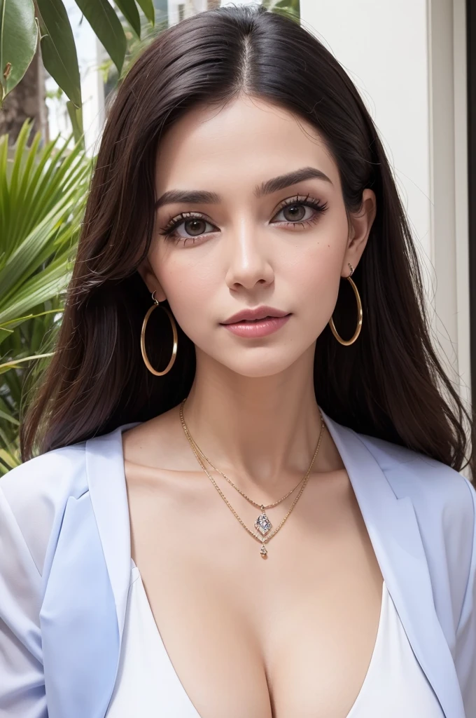 Very very very sexy girl, 1girl, solo, brunette hair, parted hair style, wearing long jumper, wearing necklace, full body shot, body focus, Detailed skin, Detailed Face, Detailed Lips, Detailed Eyes, light make up, seductive smile, happy, textured skin, super detail lighting, summary background, summer atmosphere, 