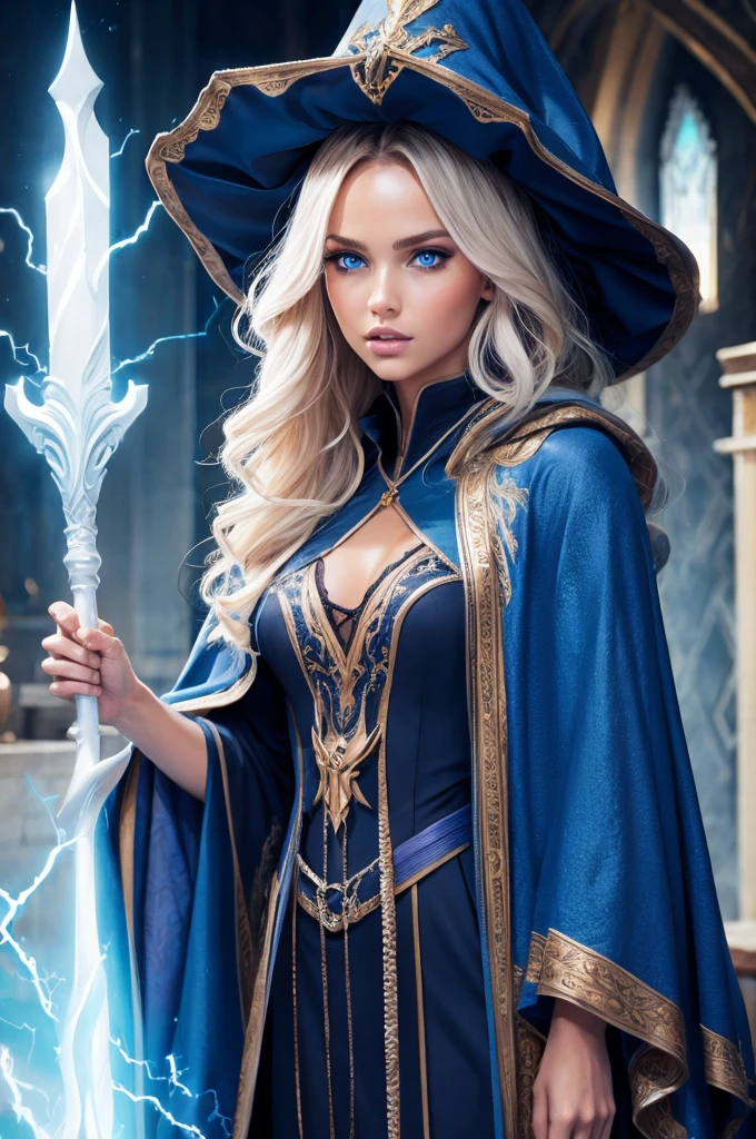 old Romee Strijd dark elf mage, ultra-detailed face, ultra detailed blue eyes, long platinum blonde wavy messy hair, (wizard hat, wizard robes, cloak, staff, lightning), (((masterpiece)))